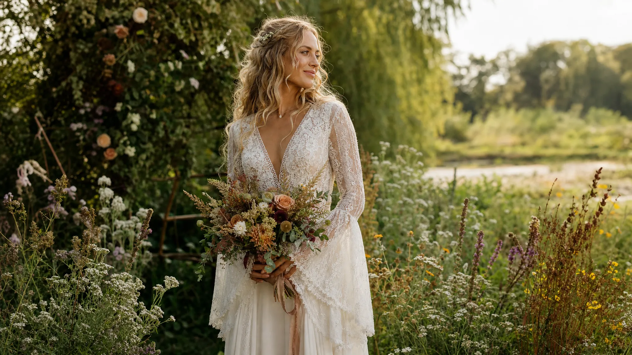 Een bohemian bruid staat buiten tussen wilde bloemen en groen in een zachte kanten trouwjurk met soepelvallende rok, lange mouwen, losse krullen en een klein boeket in warme tinten.