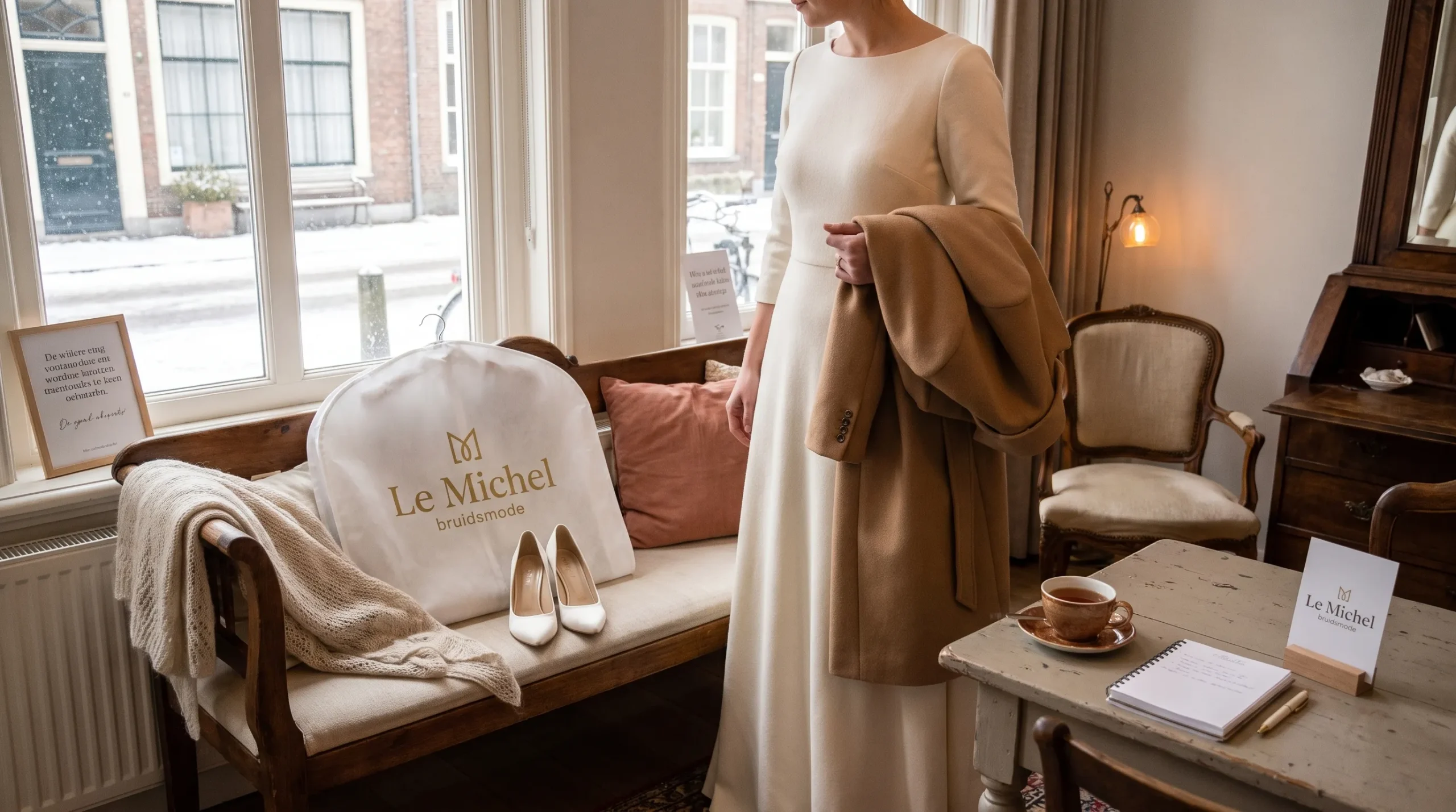 een-bruid-houdt-een-lichte-jas-vast-naast-haar-win-564780ff-1790489436435 Een bruid houdt een lichte jas vast naast haar winterjurk, met schoenen en een omslagdoek klaar voor vertrek.