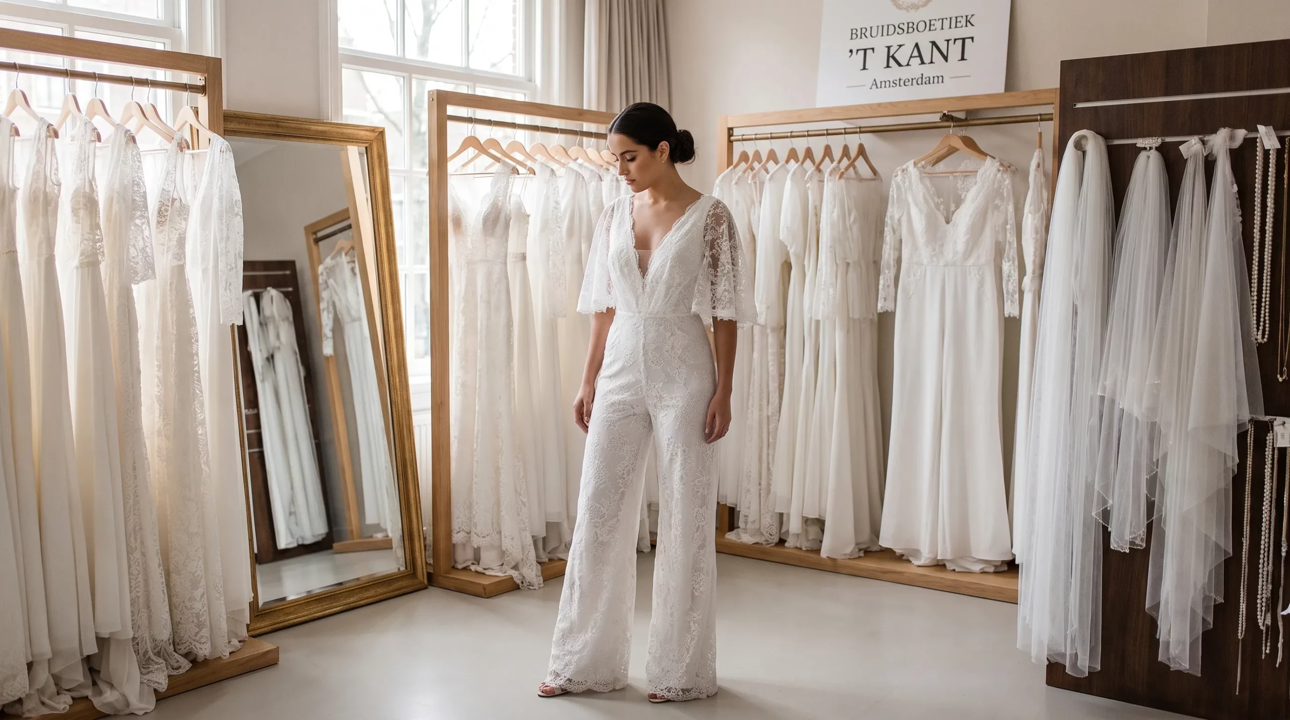 Een bruid in een witte bruidsjumpsuit met kanten details en wijde pijpen staat in een rustige bruidsboetiek tussen rekken met trouwoutfits.