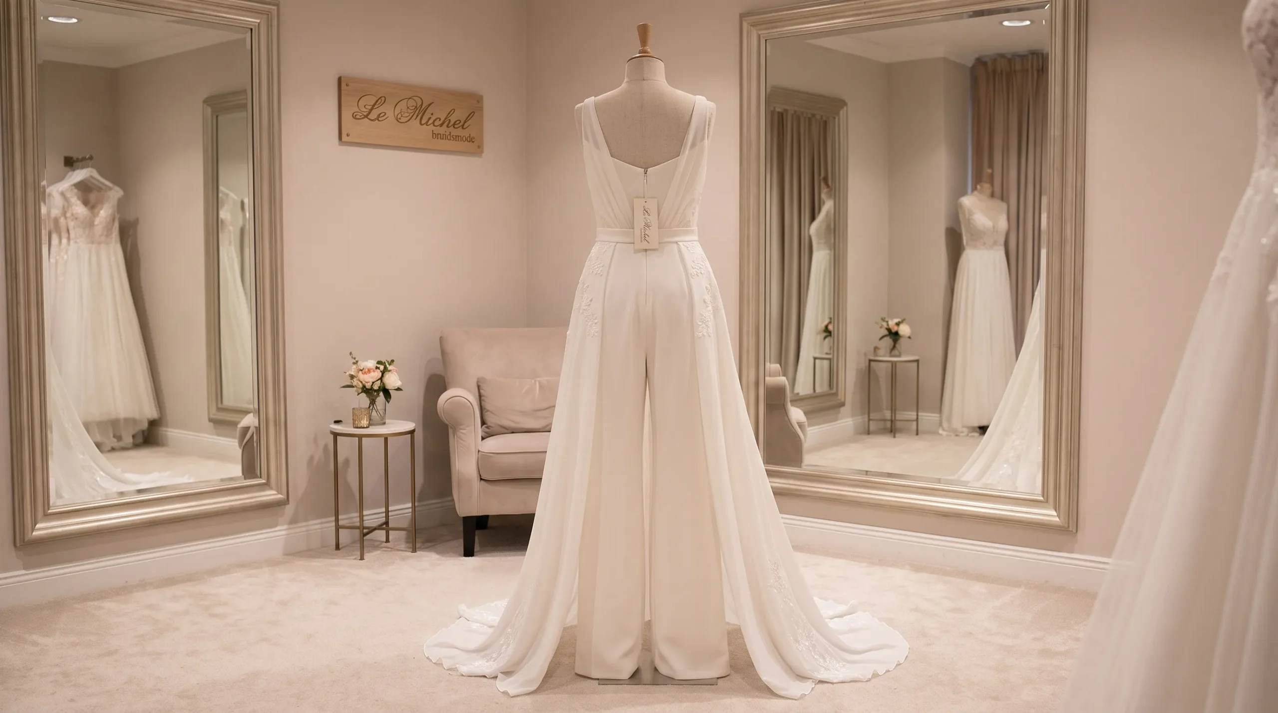 Een bruid jumpsuit op een paspop met chiffon details in een rustige paskamer met spiegels.