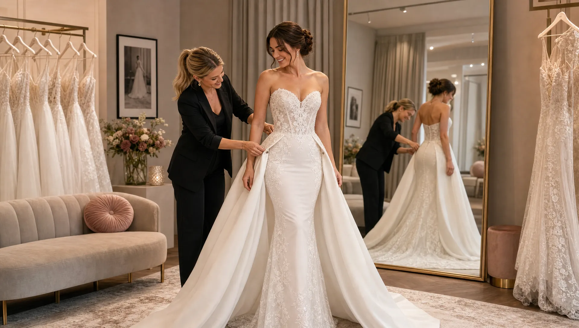 een-bruid-laat-in-de-paskamer-haar-afneembare-rok–fb554722-1789020689766 Een bruid laat in de paskamer haar afneembare rok losmaken, zodat haar slankere trouwlook eronder zichtbaar wordt.