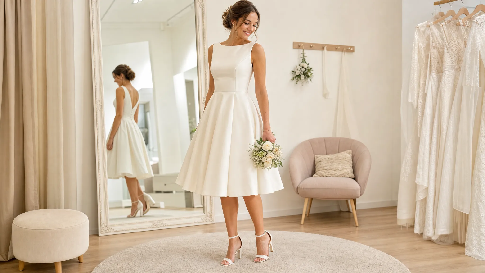 Een bruid staat in een lichte paskamer in een korte ivoorkleurige trouwjurk met een elegante rok tot net onder de knie, zichtbare bruidsschoenen en een klein boeket in haar hand.