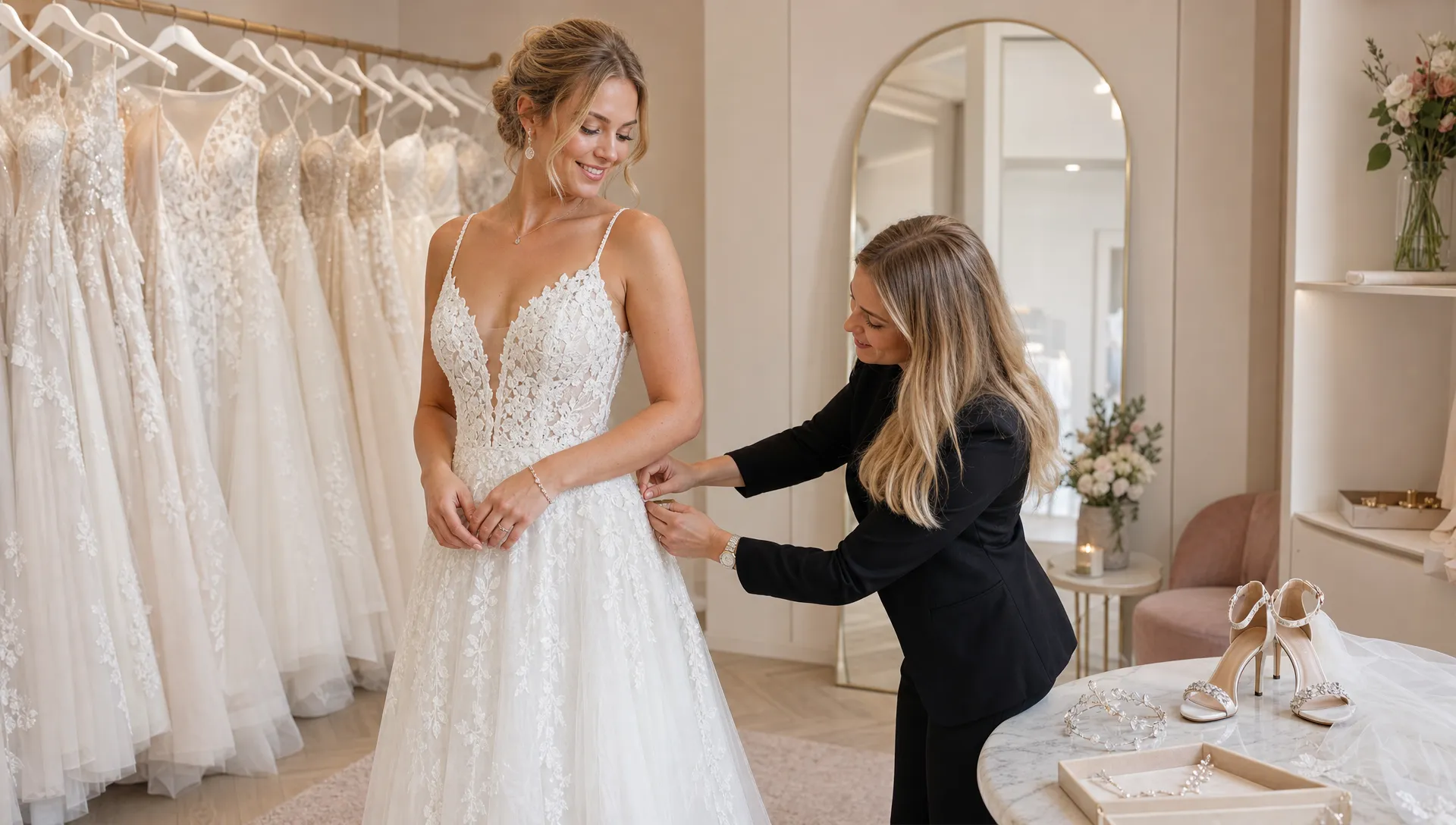 Een bruid staat ontspannen in een lichte paskamer terwijl een stylist de pasvorm van haar trouwjurk controleert. Op de achtergrond hangen verschillende trouwjurken en er liggen bruidsschoenen en accessoires klaar voor de volgende pasafspraak.