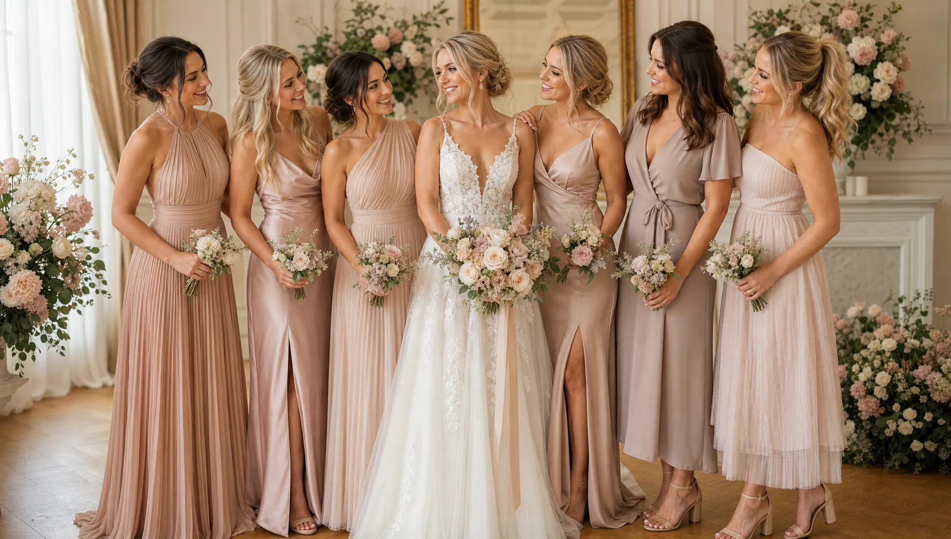 Een bruid staat ontspannen tussen haar bruidsmeisjes in jurken binnen hetzelfde zachte kleurenpalet. De jurken hebben verschillende pasvormen en lengtes, terwijl het geheel harmonieus aansluit bij de bloemen en de elegante sfeer van de trouwdag.