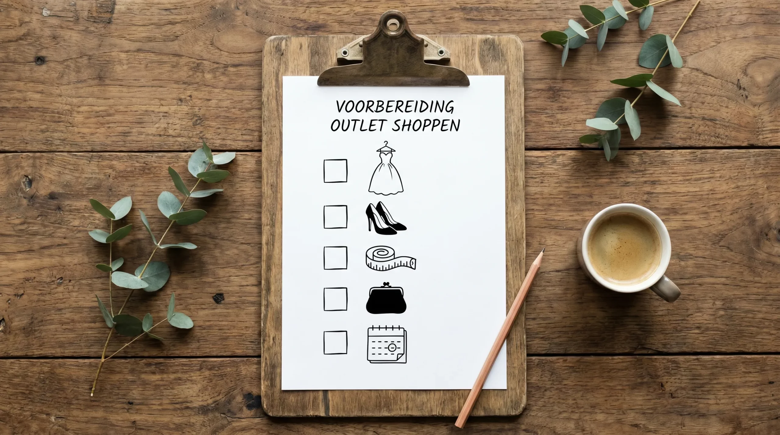 Een eenvoudige checklist-illustratie met iconen van een jurk, schoenen, meetlint, portemonnee en kalender, die de voorbereiding op outlet trouwjurk shoppen visualiseert.