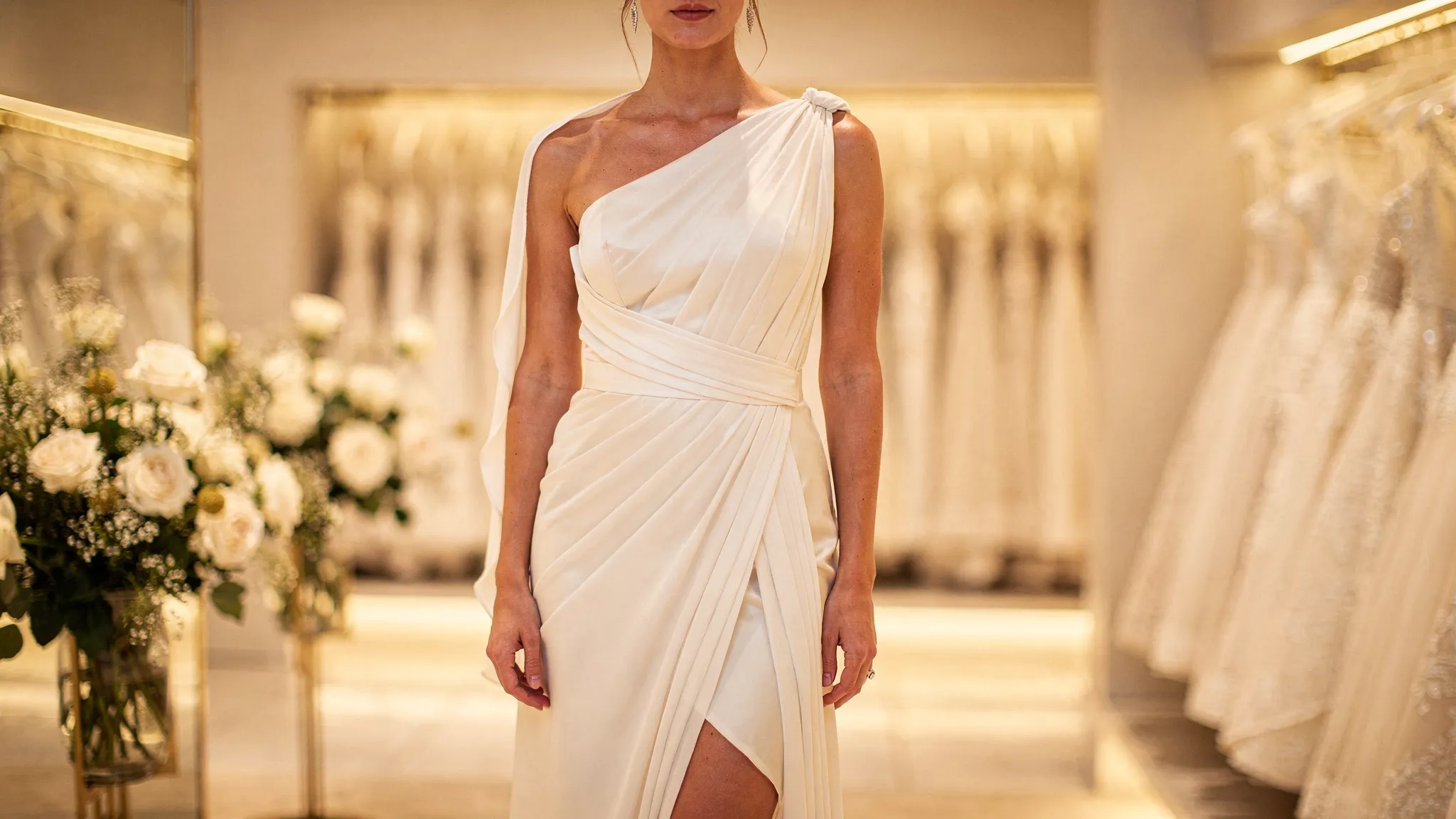 Een elegante asymmetrische bruidsjurk met one shoulder halslijn en zachte diagonale plooien, gedragen in een lichte bruidsmodezaak met warme sfeer.