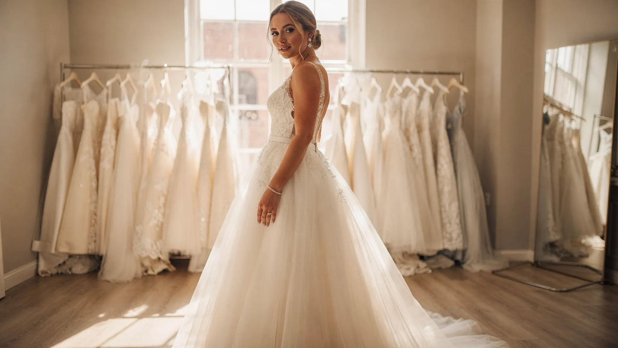 Een elegante bruid in een prinsessen trouwjurk met een volle rok van zachte tule, een verfijnd lijfje en subtiele sieraden, staand in een lichte bruidsmodezaak met warme sfeer.