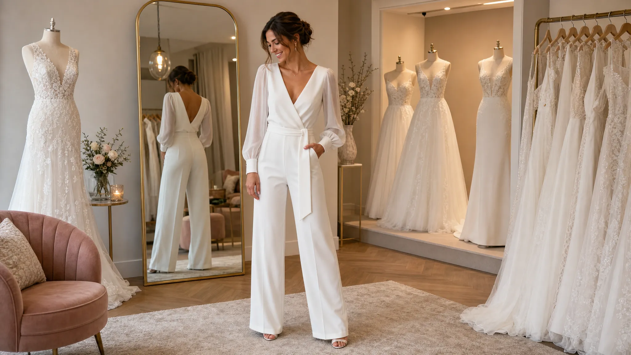 Een elegante bruidsmode paskamer met een moderne bruidsjumpsuit op de voorgrond en verschillende trouwjurken op paspoppen en kledingrekken op de achtergrond.