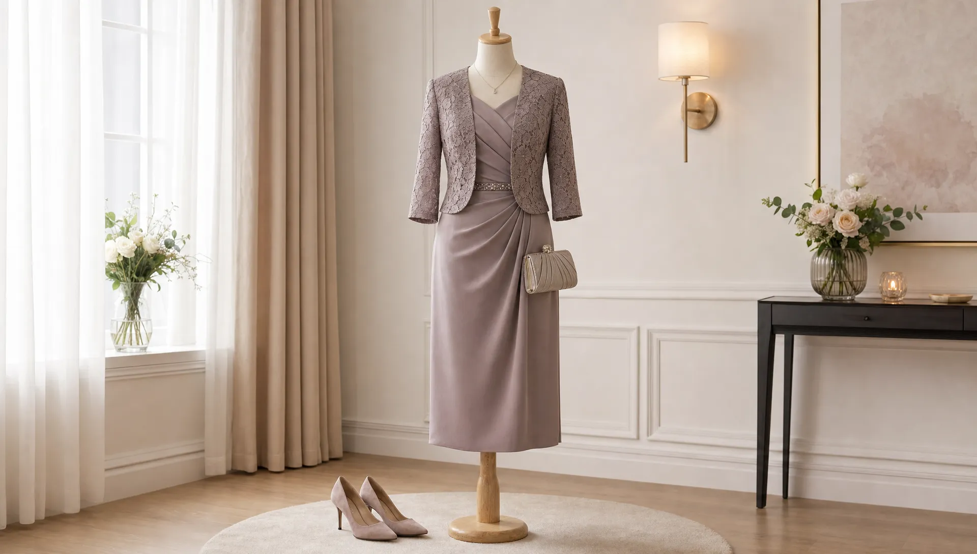 Een elegante moeder van de bruid outfit op een paspop in een lichte binnenruimte, met een midi-jurk in een rustige kleur, subtiele sieraden, bijpassende pumps en een kleine clutch.