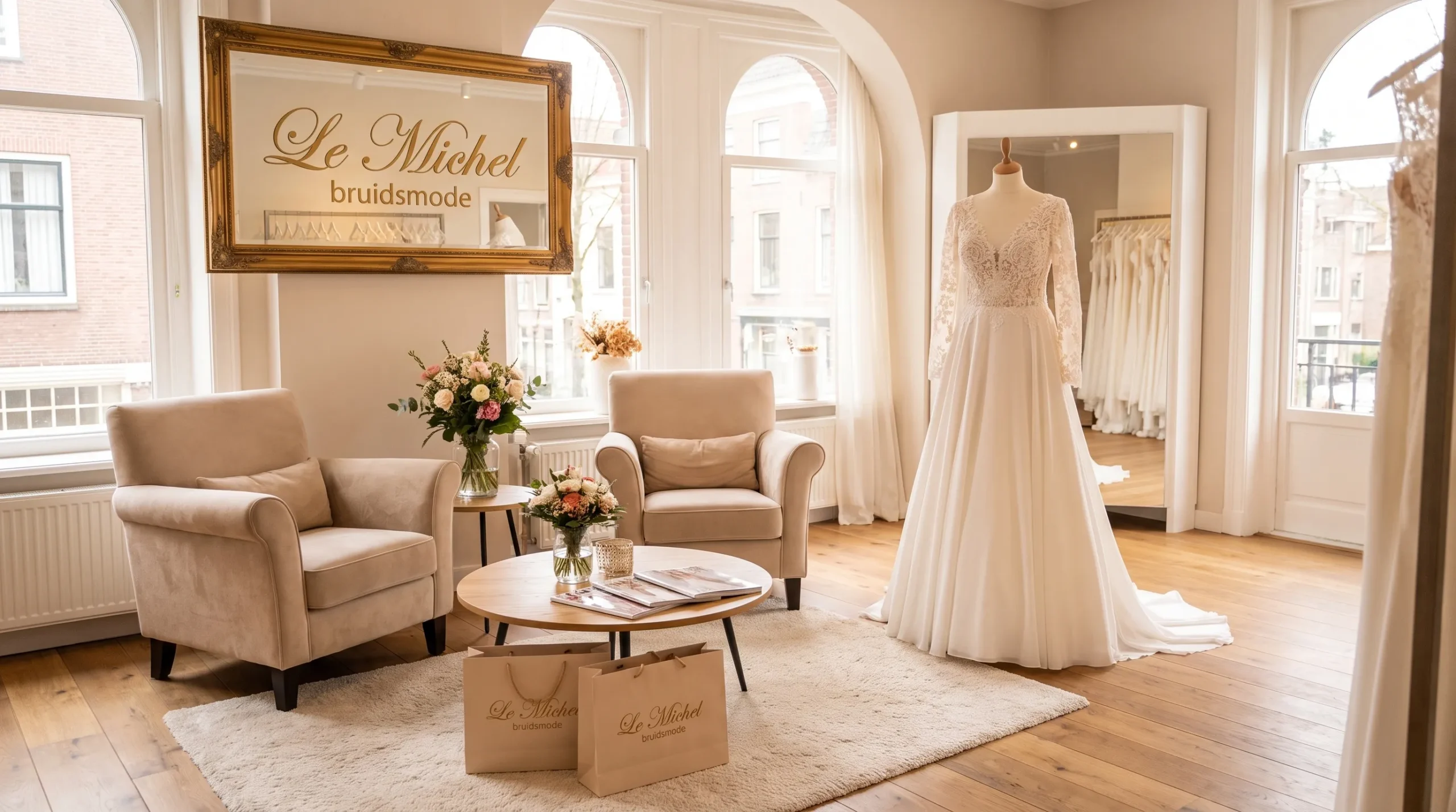 Een elegante trouwjurk met kanten mouwen staat op een paspop naast een comfortabele zithoek in een lichte bruidsboetiek.