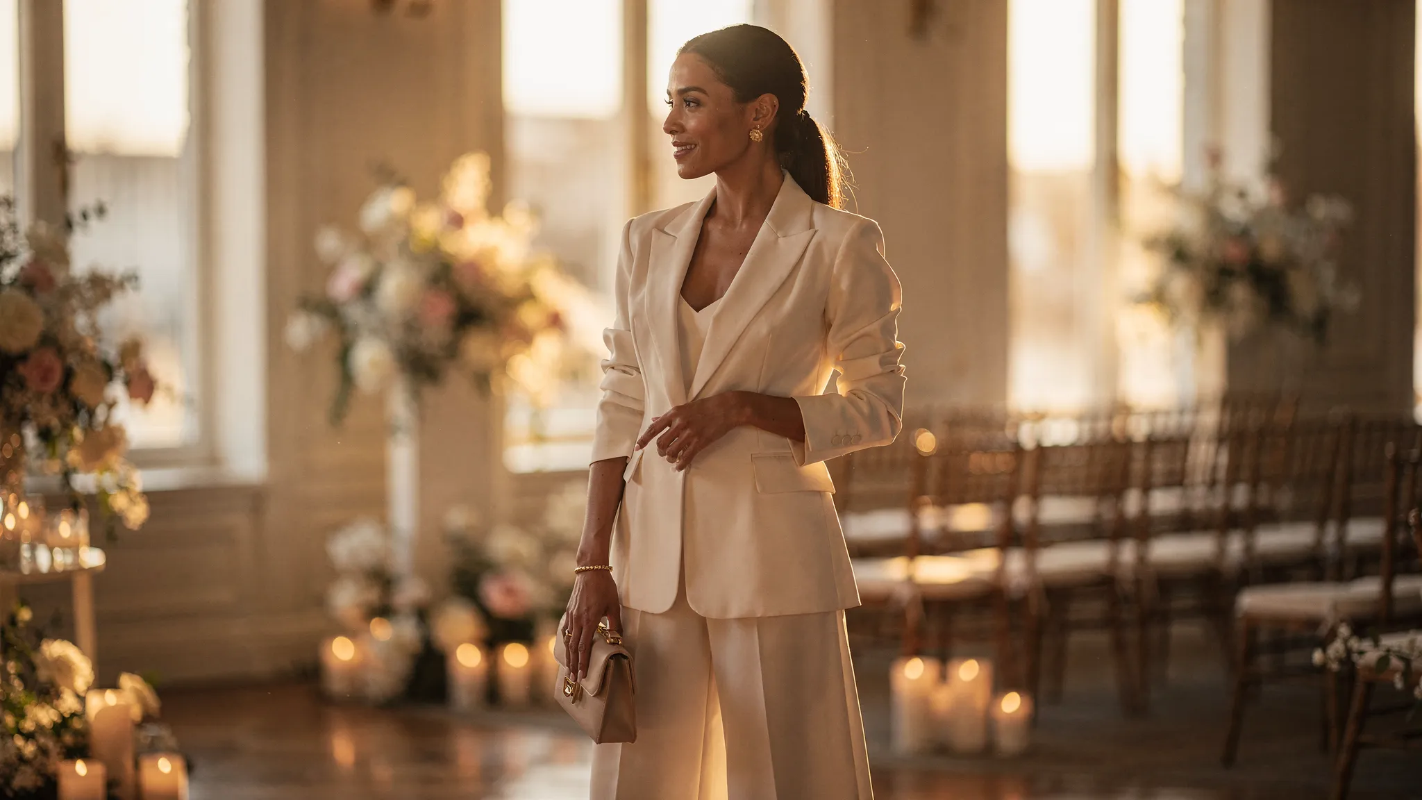Een elegante vrouw in een licht ivoorkleurig broekpak met getailleerde blazer en wijde pantalon, gestyled met subtiele sieraden en een kleine clutch, in een warme trouwlocatie setting.