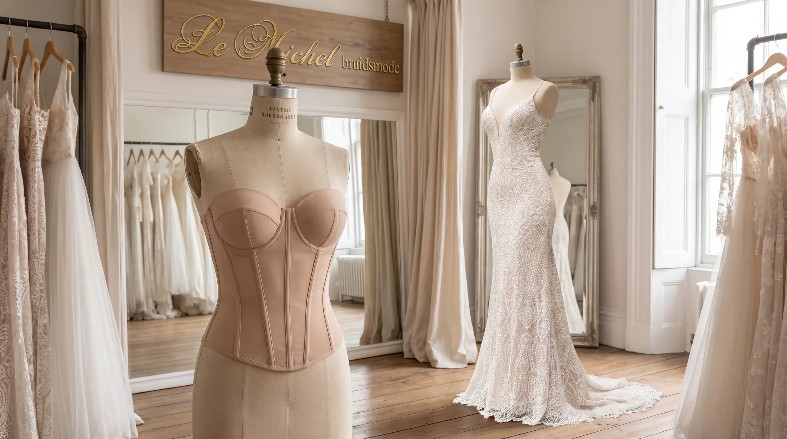 Een huidkleurig strapless torselet op een paspop naast een ivoorkleurige trouwjurk, met de cups en baleinen duidelijk zichtbaar.