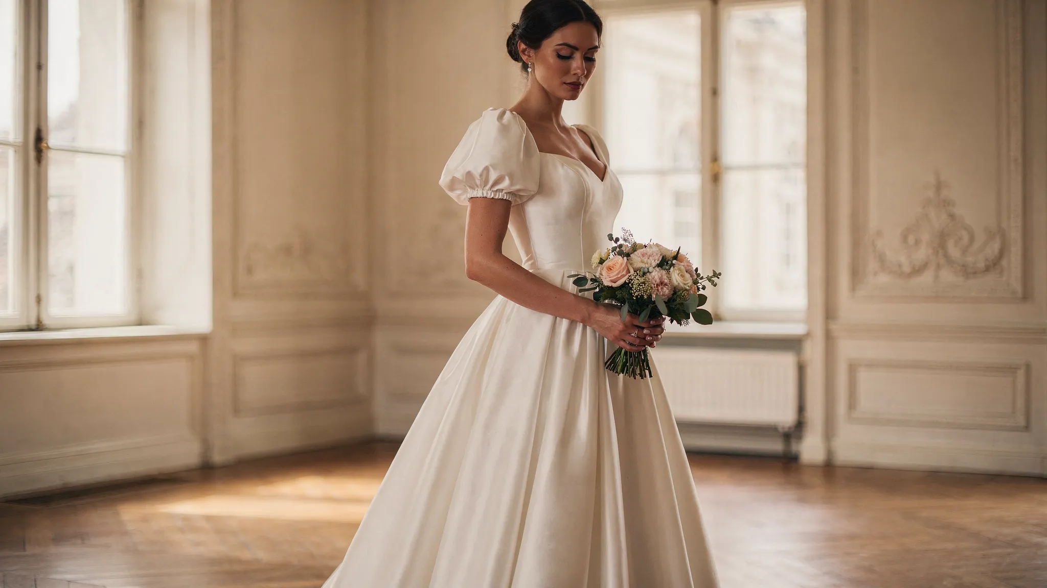 Een klassieke bruid in een modern geïnspireerde Biedermeier trouwjurk met zachte pofmouwen, een getailleerd lijfje, een volle rok en een compact rond bruidsboeket in een lichte historische trouwlocatie.
