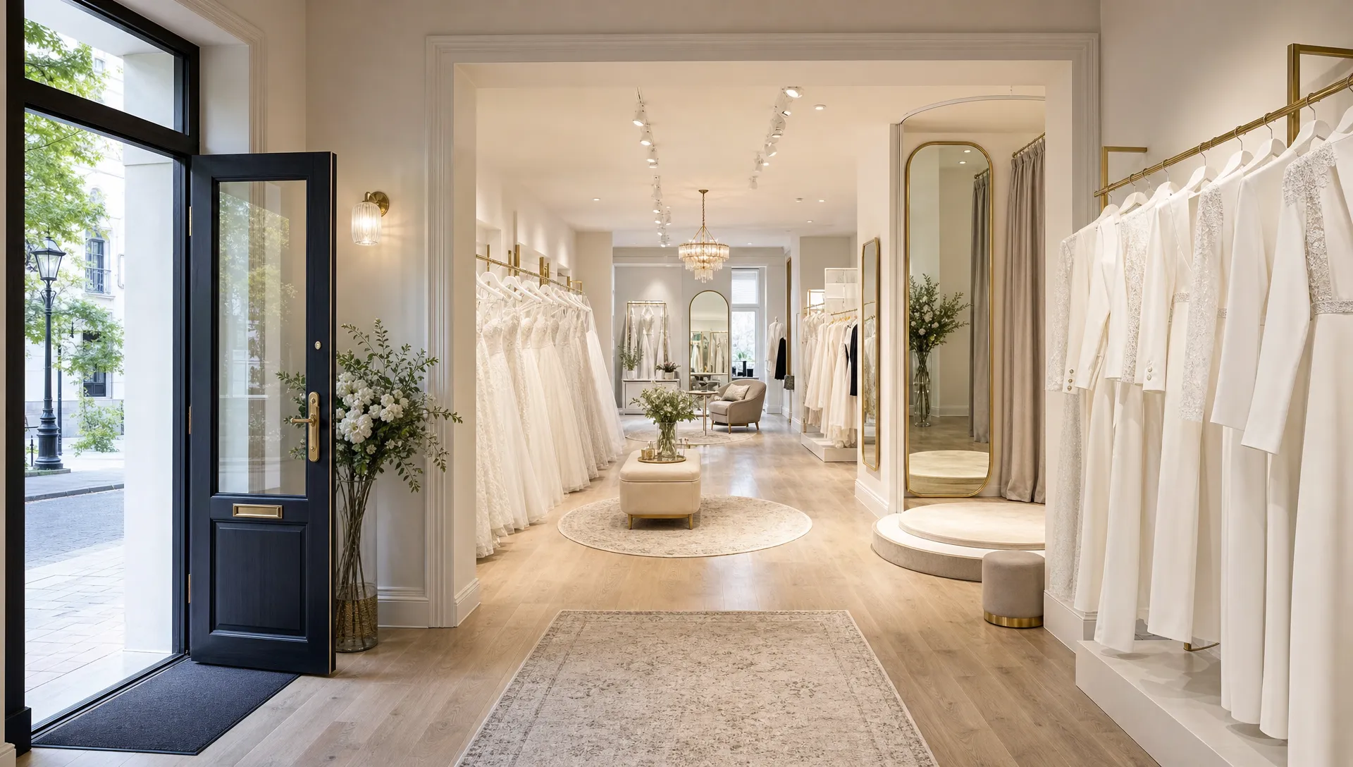 Een lichte bruidsmodezaak met een brede aisle vol bruidsjumpsuits en trouwpakken naast jurken.