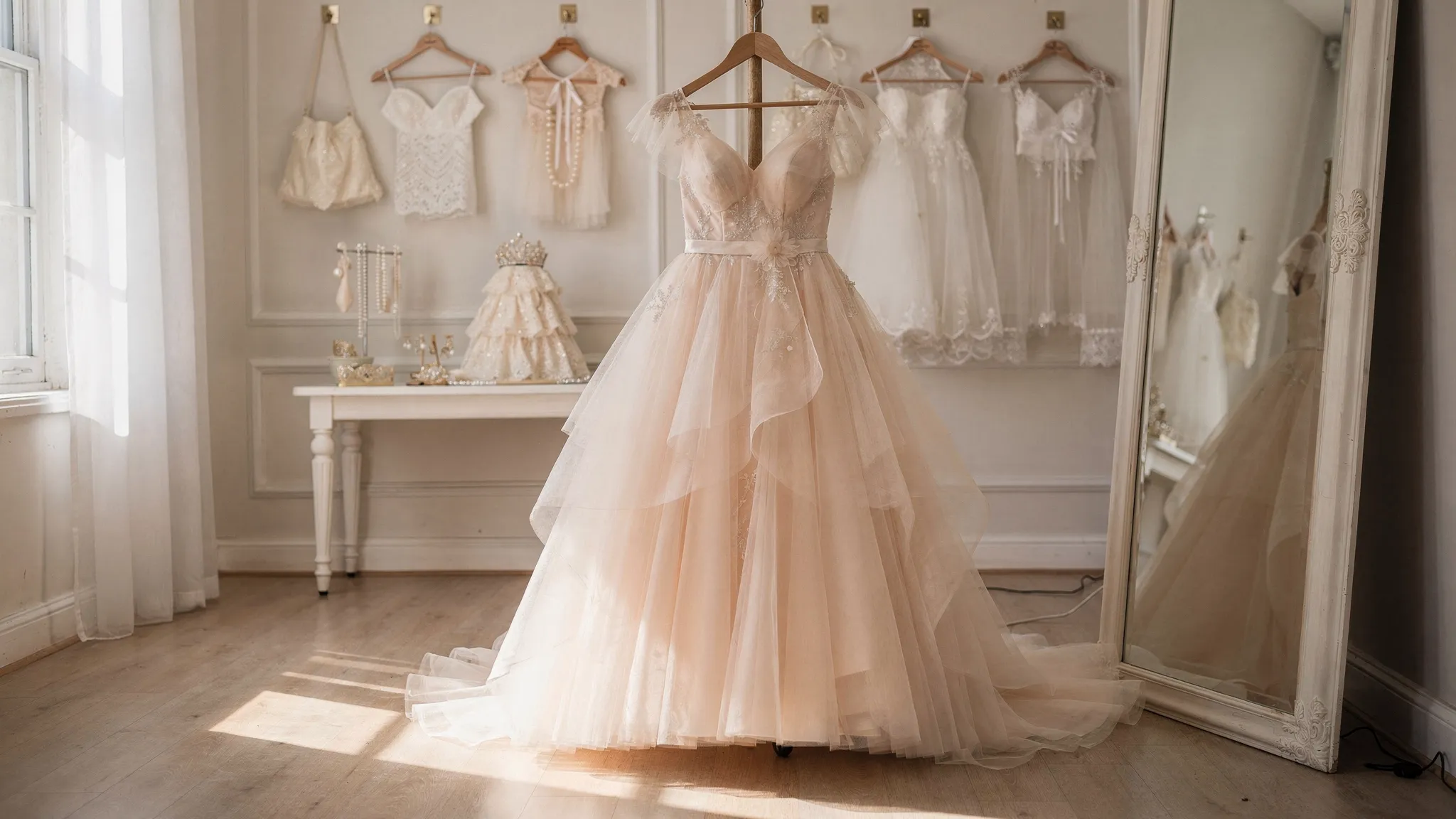 Een luchtige prinses trouwjurk met zachte tulelagen hangt in een ruime bruidsmodezaak, naast subtiele accessoires en een spiegel waarin de volle maar elegante rok zichtbaar is.
