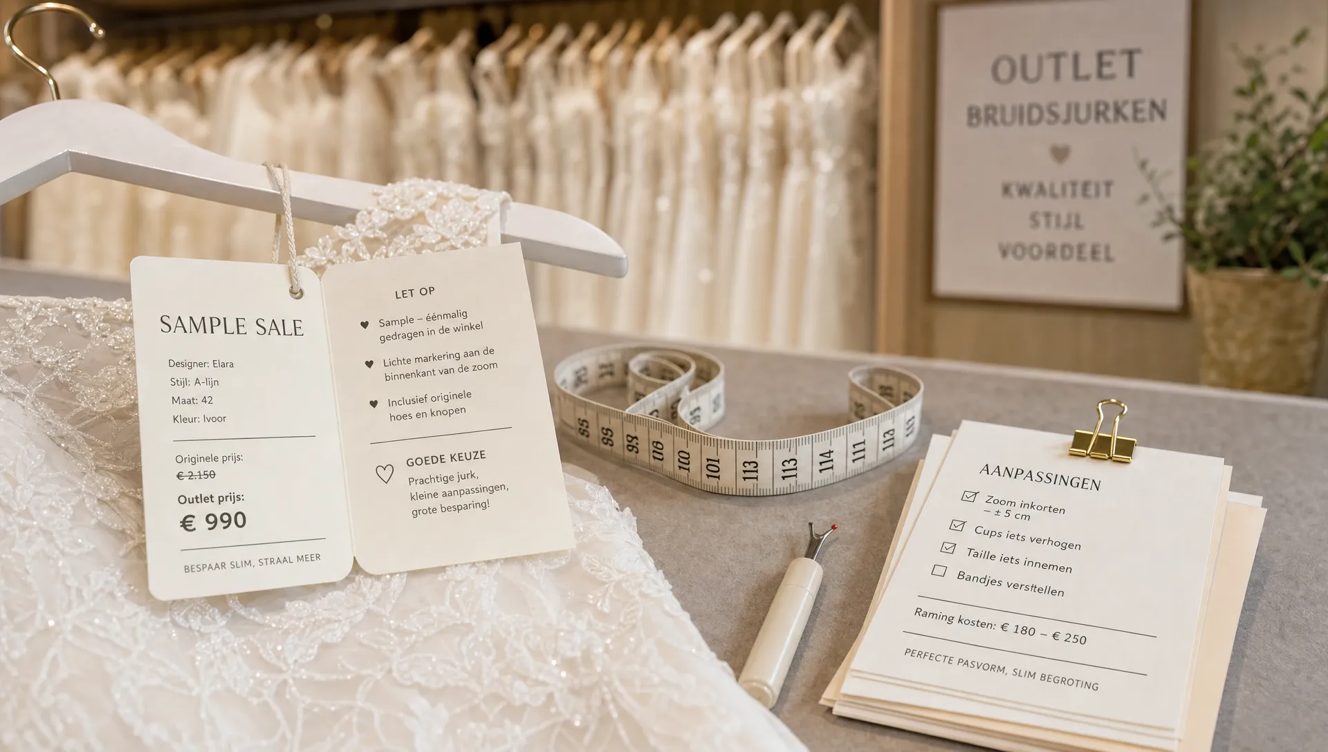 een-outletlabel-aan-een-trouwjurk-hangt-naast-een–5e065f6f-1787206328268 Een outletlabel aan een trouwjurk hangt naast een meetlint en aantekeningen voor vermaak, terwijl bruidsjurken vaag op de achtergrond staan.