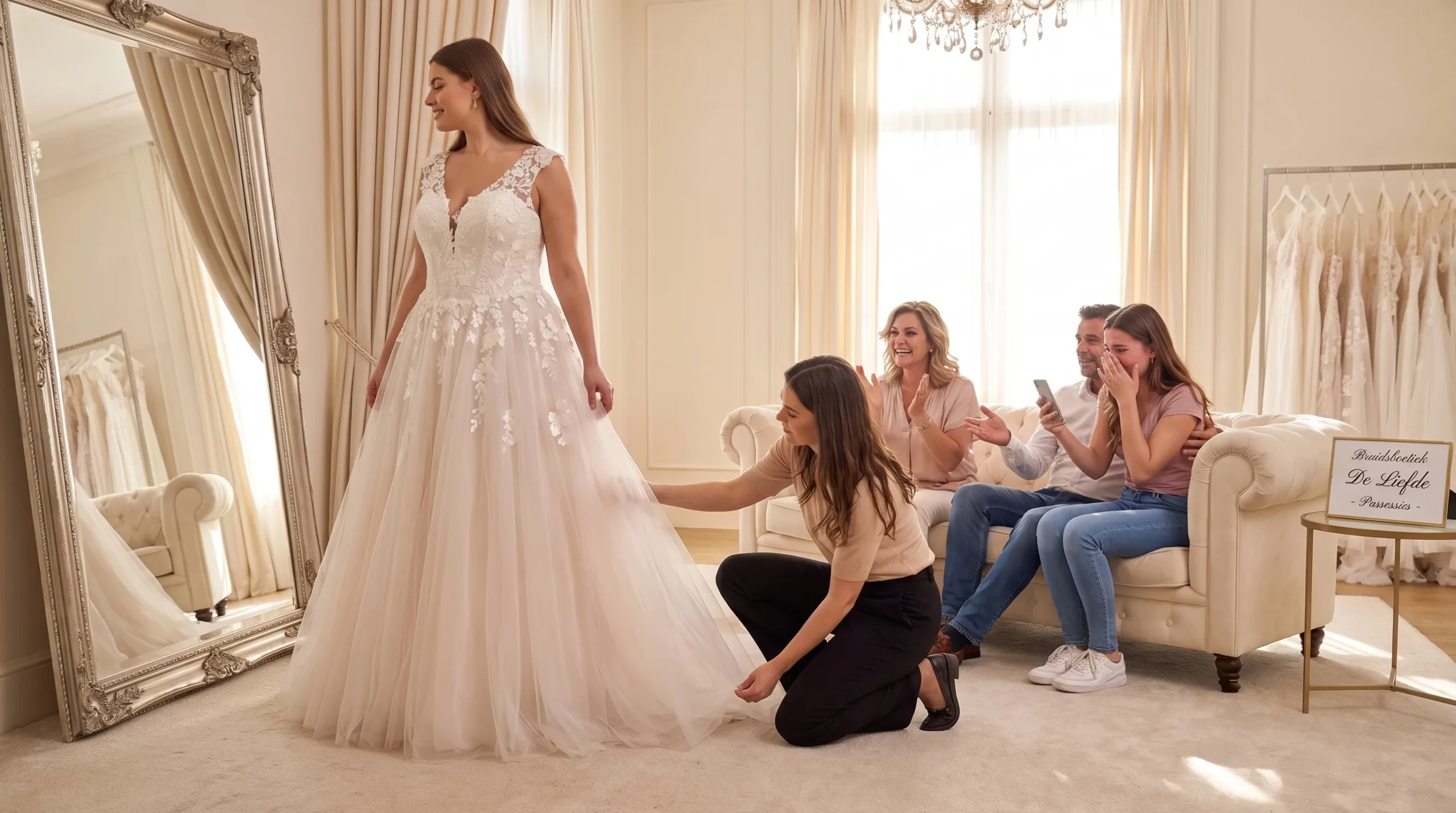 Een plus-size bruid staat rustig bij een grote spiegel in de pasruimte terwijl een styliste de pasvorm van een elegante kanten trouwjurk controleert en familie op de achtergrond meehelpt en meeleeft.
