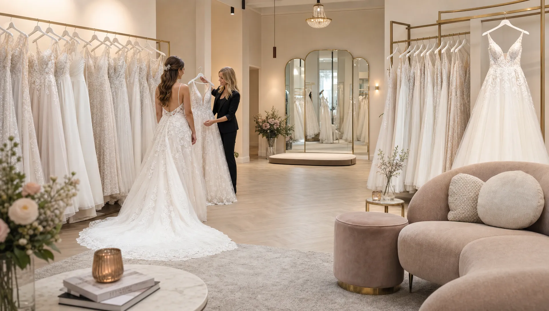 Een ruime bruidsmodezaak met rekken vol trouwjurken in verschillende stijlen, een paar zachte zitplekken en een bruid die rustig jurken bekijkt samen met een stylist.