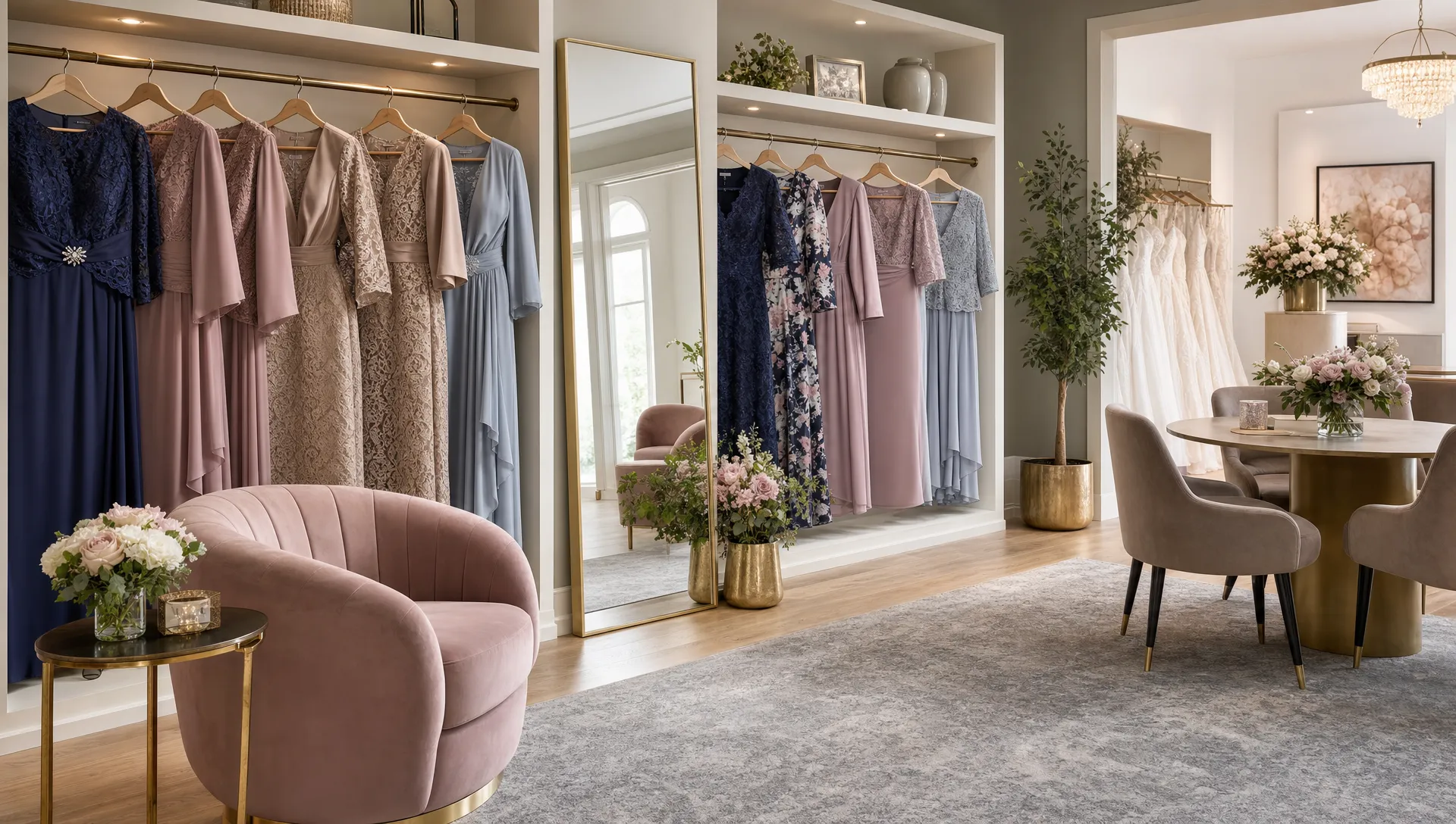 een-ruime-bruidsmodezaak-toont-elegante-moeder-van-1cd4d266-1790143822669 Een ruime bruidsmodezaak toont elegante moeder van de bruid kleding in grote maten op rekken.