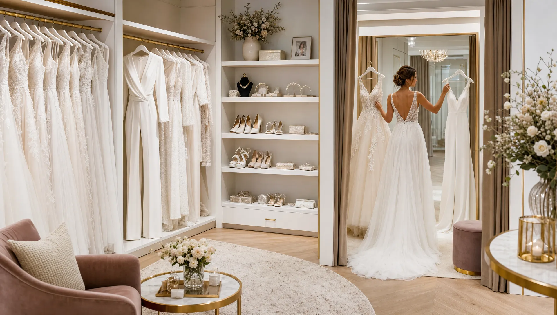 Een ruime bruidswinkel met open rekken vol trouwjurken, een paar bridal jumpsuits en accessoires, terwijl een bruid in een paskamer rustig stoffen en silhouetten naast elkaar bekijkt.