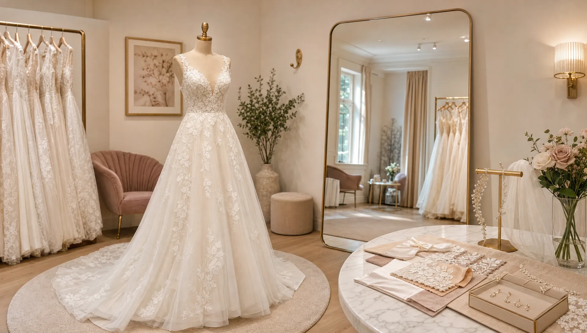 Een rustige bruidsmode paskamer met een elegante trouwjurk op een paspop, stoffenstalen en accessoires op een tafel, en een open spiegel die de ruimte groter laat voelen.