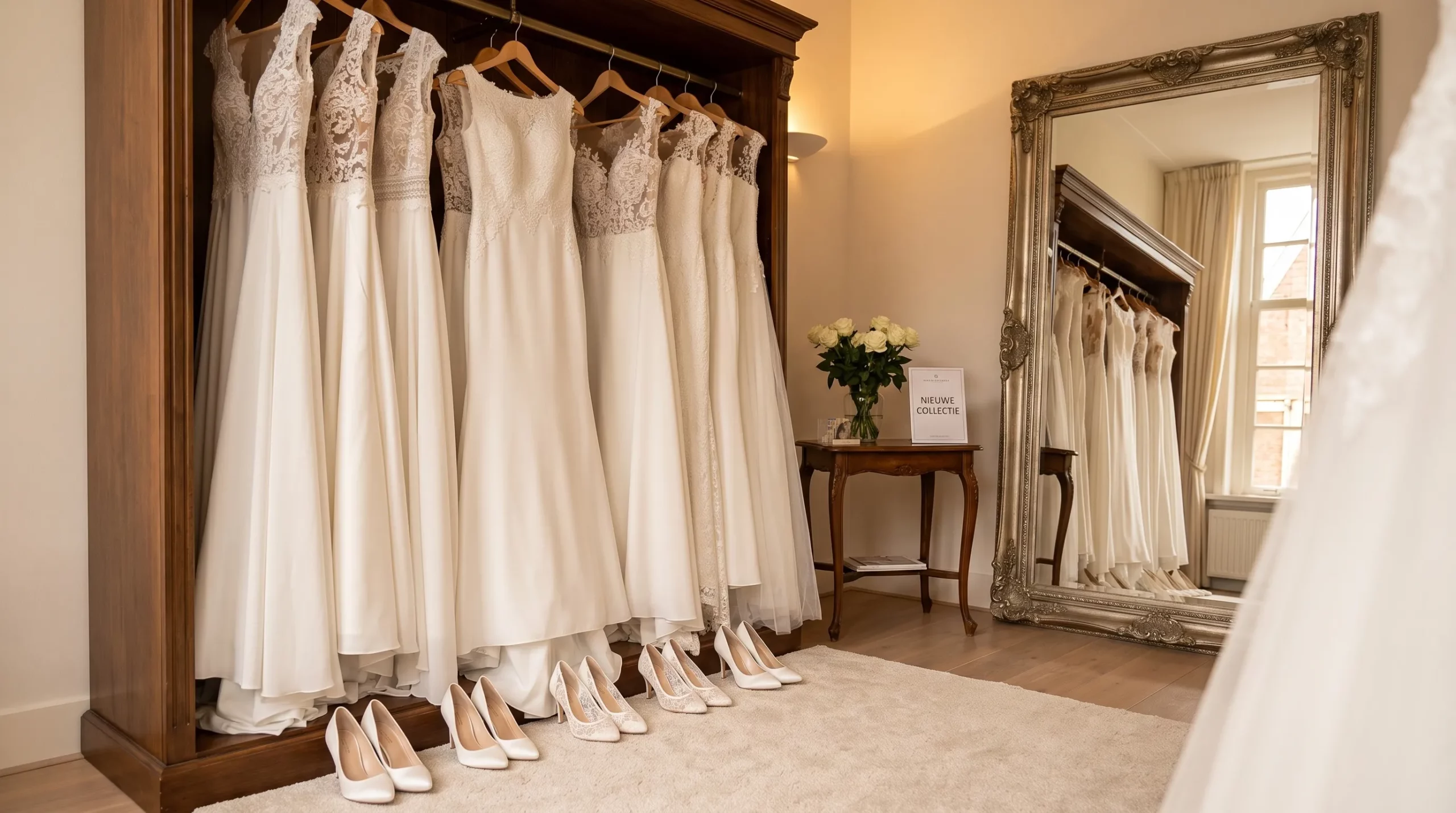 Een rustige hoek in een bruidsmodezaak met klassieke trouwjurken aan een rek, satijnen rokken en kanten lijfjes, met elegante bruidsschoenen op de vloer en een spiegel op de achtergrond.