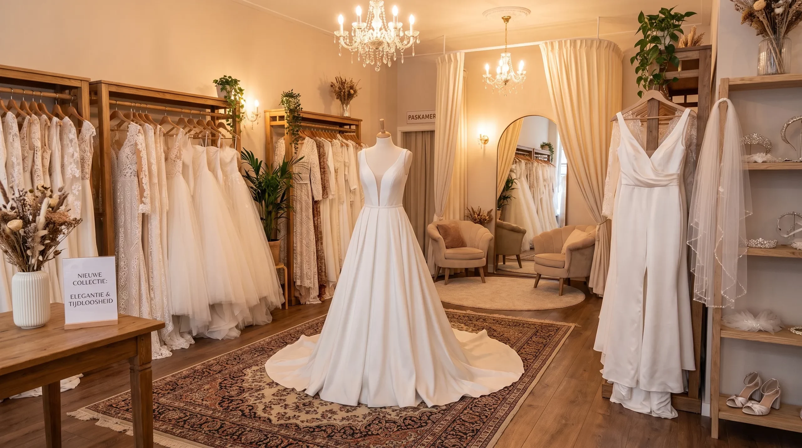 Een sfeervolle bruidsmodezaak met rekken vol trouwjurken in verschillende stijlen, waaronder satijnen jurken, kanten jurken en moderne jumpsuits. In het midden staat een elegante jurk met zachte plooien op een paspop, omringd door warme verlichting en een rustige paskamersfeer.
