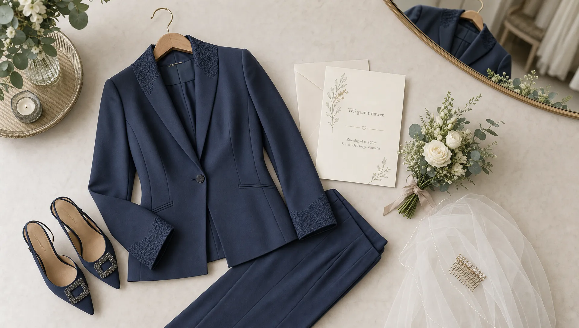 Een zorgvuldig samengestelde set met een broekpak, schoenen, uitnodiging en sluier die de outfit van de moeder van de bruid symboliseert.