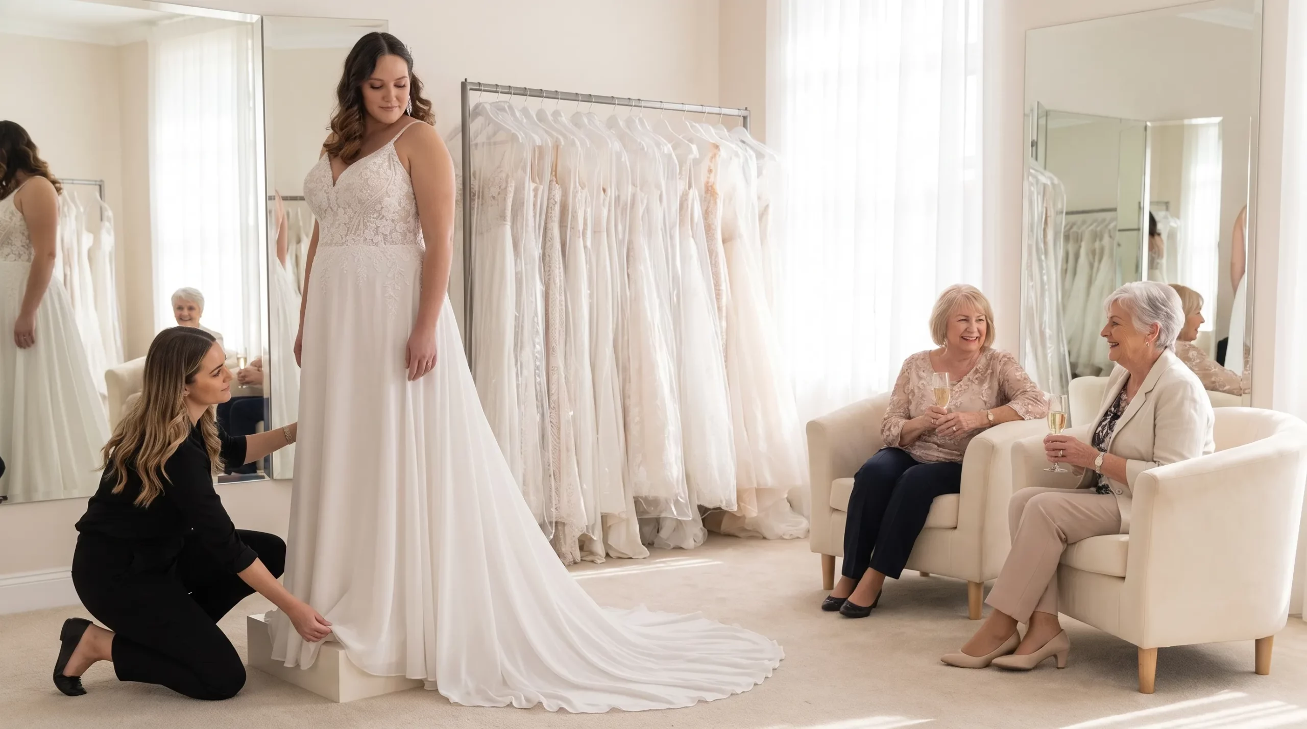 Een zwangere bruid staat in een lichte paskamer terwijl een stylist de rok van haar trouwjurk zorgvuldig rechtlegt, met een rek vol bruidsjurken naast hen en twee dierbaren iets verderop in de ruimte.
