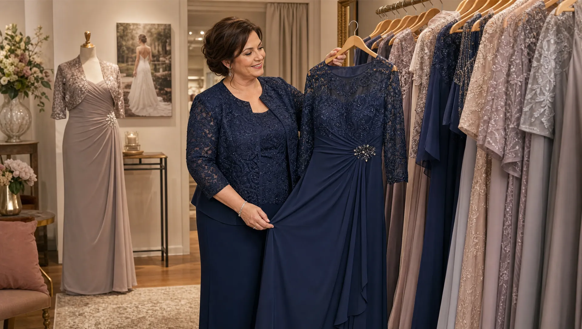 Elegante moeder van de bruid kleding grote maten hangt en staat klaar in een warme bruidsmodezaak.