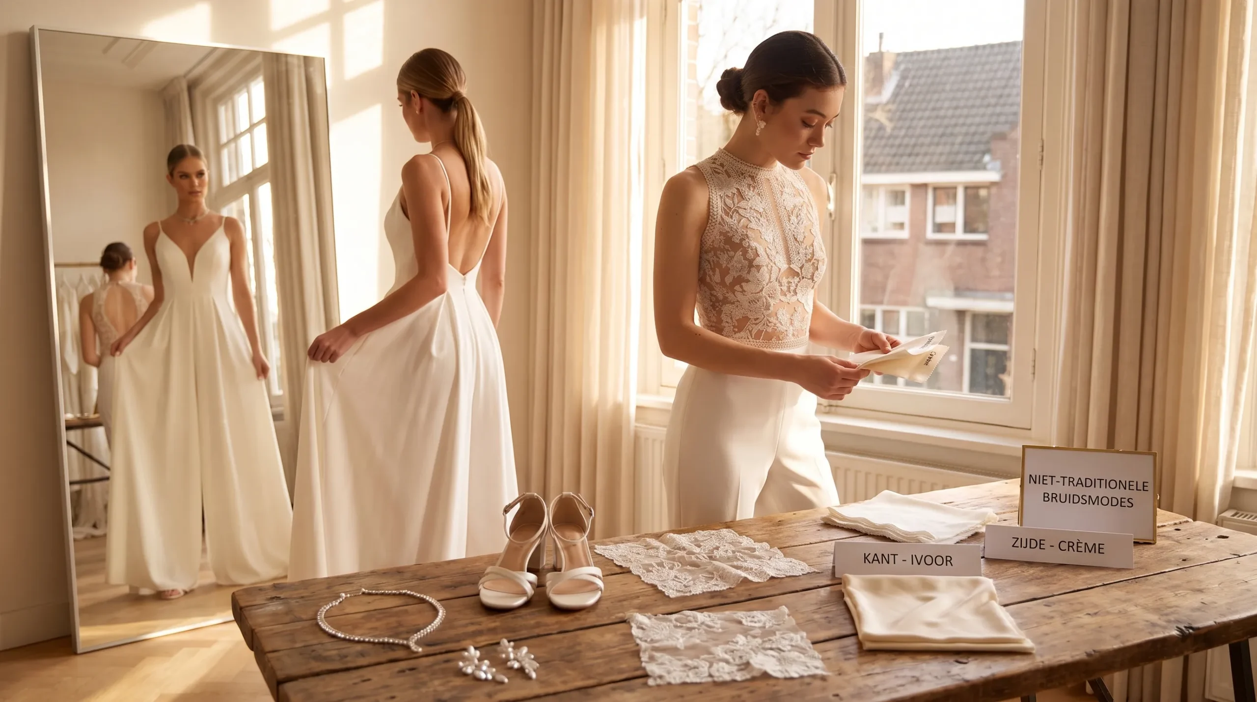 Twee bruiden passen verschillende niet-traditionele bruidslooks, met accessoires en stoffenstalen op de voorgrond.